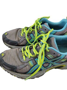 Asics Gel Trail Running Shoes Women's 7 Gray Blue Yellow T5N8N Lace up Mesh